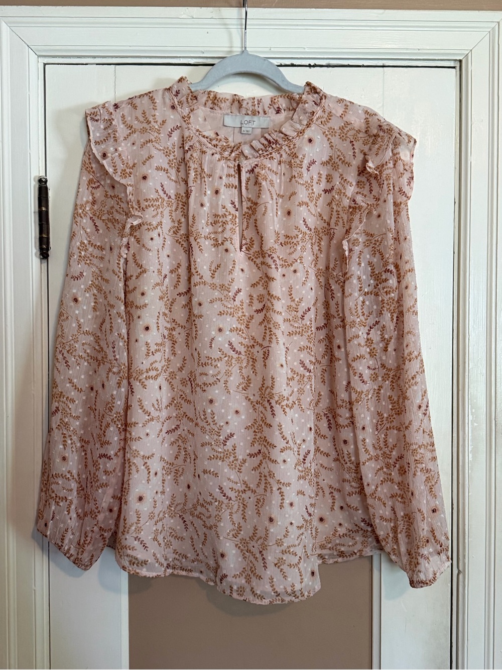 LOFT Blush Pink Metallic Gold Leaf Ruffle Blouse